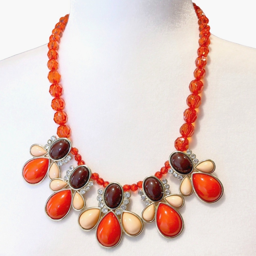 Sunset Orange Peach Brown Statement Bib Necklace Faceted Beads Gold Tone Y2k